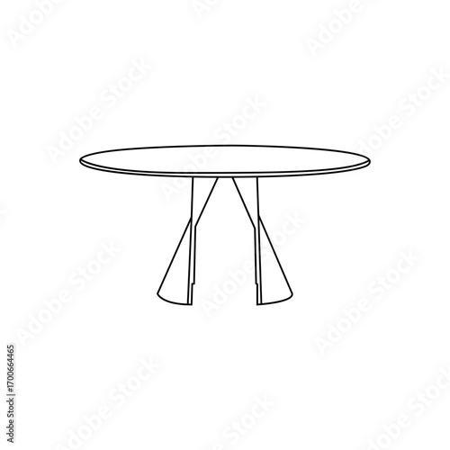 Clean line art illustration of a modern oval dining table with tapered, elegant legs.