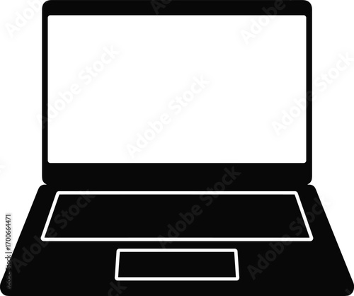 Black silhouette illustration of modern laptop computer with screen, keyboard and touchpad, flat vector design for office, business, internet, technology content