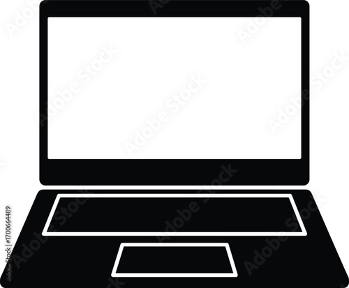 Black silhouette laptop computer with blank screen, keyboard, and touchpad, simple modern portable notebook vector illustration for technology, business, education, and digital design