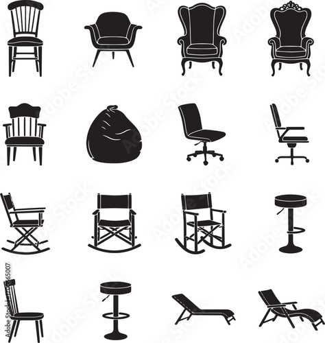 Silhouette Collection of Various Chairs and Seating Furniture on White Background armchair wingback chair