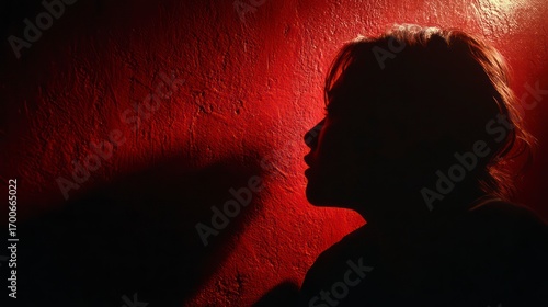 Close-up of a sharp human silhouette projected on a textured crimson wall, harsh single light source