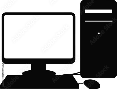  Desktop computer silhouette vector illustration, monitor screen, CPU tower and mouse design, modern electronic device symbol for technology, business, internet, media content use