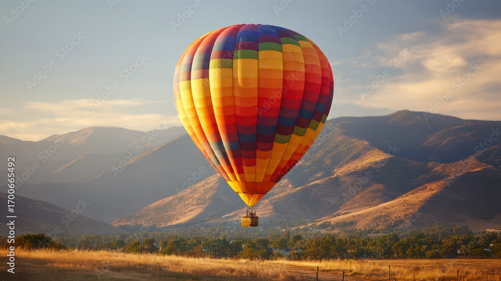 Fototapeta premium Close-up shot of a single vibrant hot air balloon rising into the sky, reflections of sunlight on its fabric