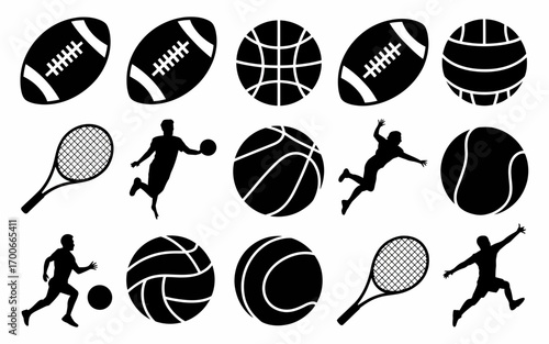 Vector art of sports equipment and player silhouettes