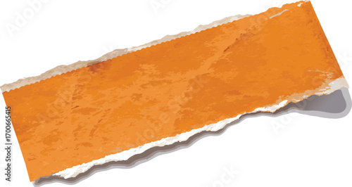 Orange torn paper sticker with visible fibers and jagged edges, isolated on white, soft shadow for depth, photorealistic, vector illustration