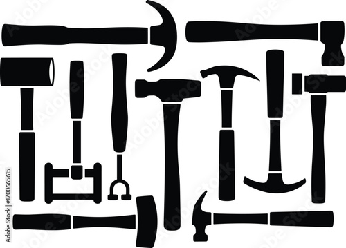 Hammer silhouette vector set, construction tools illustration, blacksmith and carpentry hammer designs, hardware equipment collection, repair tool shapes artwork, DIY hand tools vector