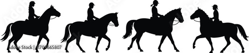 Horse riding silhouette illustration, people on horseback vector, equestrian sport design, black rider artwork, outdoor activity clipart, training, competition, adventure, lifestyle decoration