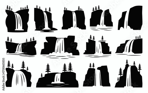 Vector art of waterfall silhouette, vector illustration collection