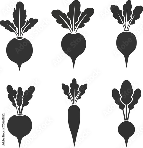 Six black silhouette icons of root vegetables including beets and carrots with leafy tops vector illustration