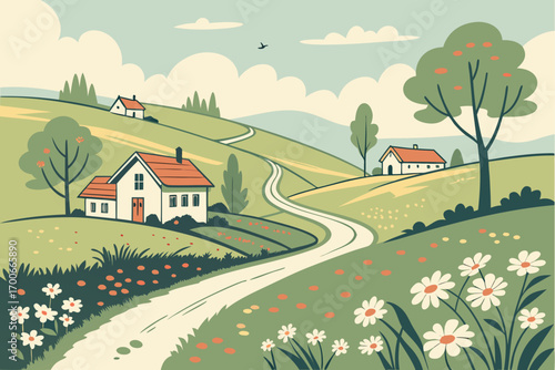 rural landscape with houses and trees