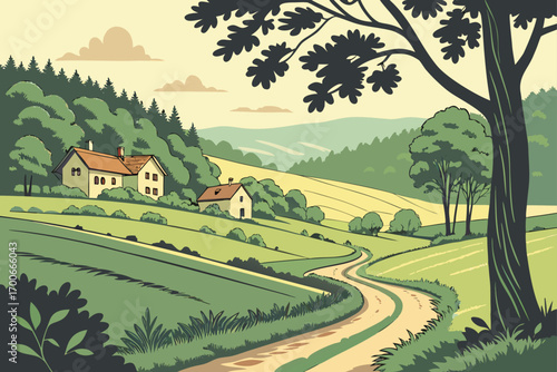 rural landscape with a village in the background
