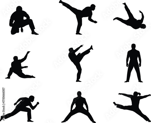 Martial arts silhouette collection, fighter poses vector illustration, karate kick action, combat training movement, sports athlete design, kung fu stance artwork
