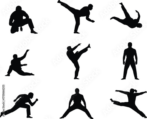 Martial arts silhouette vector, karate kung fu poses, athlete training action, kickboxing movement, fitness exercise illustration, sports man practicing, dynamic body motion artwork