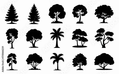 Vector art of collection of diverse tree silhouettes