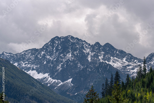 rocky high snow covered mountains with cloudy sky landscape