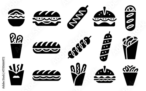Vector art of black silhouettes of fast food