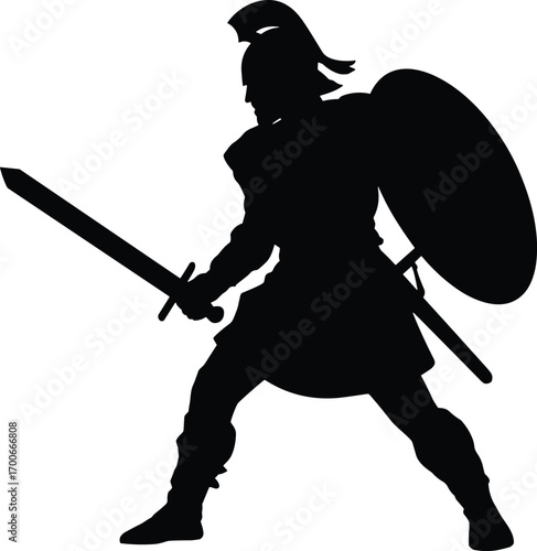  Silhouette illustration of ancient spartan warrior holding sword and shield, classical greek soldier in battle stance, heroic fighter vector design isolated
