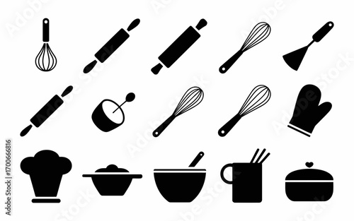 Vector art of collection of black kitchen utensils vector image