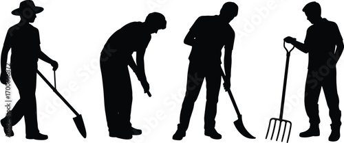  Silhouette illustration of farmers working with agricultural tools, farming laborers with shovel, hoe, rake, pitchfork, rural workers agriculture vector design isolated