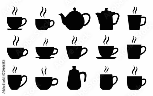 Vector art of black silhouette of various hot drinks
