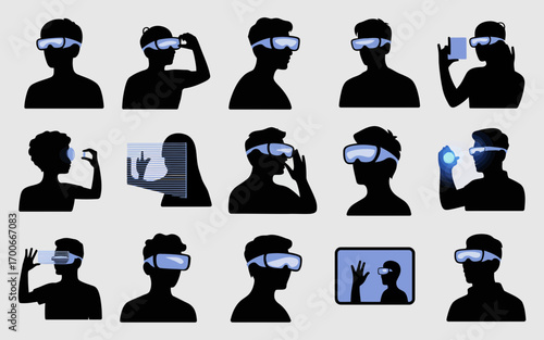 Vector art of silhouette of people wearing virtual reality headset