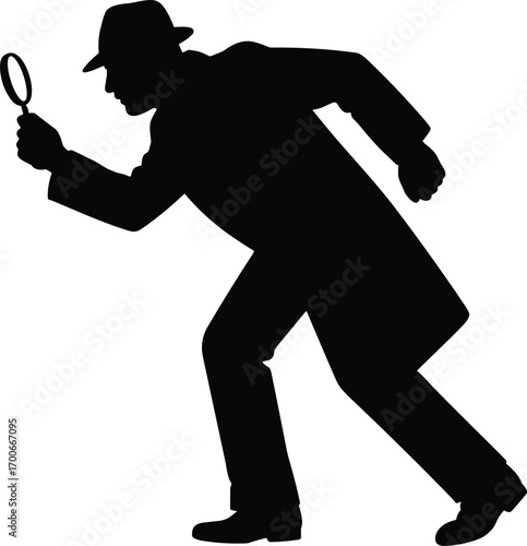 Silhouette vector illustration of detective man holding magnifying glass, mystery investigator searching for clues, private investigator character concept for crime, investigation, secret cases