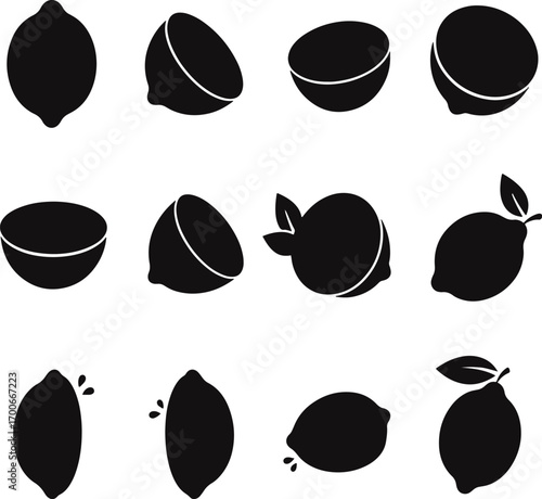 Assortment of black silhouette icons representing whole lemons and sliced lemons on a white background