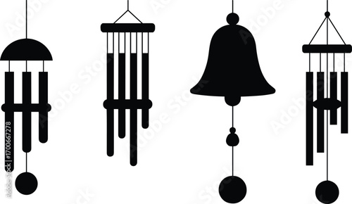 Wind chime silhouette vector illustration, hanging chimes design, decorative bell clipart, musical instrument artwork, feng shui home decor, black wind chime icon