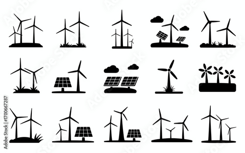 Vector art of renewable energy sources icons, wind turbines and solar panels