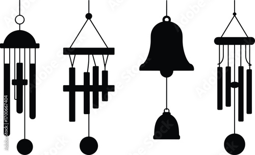 Wind chime silhouette vector set, decorative hanging bells illustration, musical garden ornaments, spiritual home decor design, relaxation and meditation sound decoration artwork