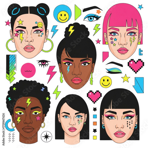 Gen Z Pop Art Portraits Colorful Faces Digital Youth Culture Illustration