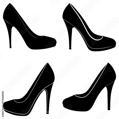 Four black high heel shoes displayed in a grid pattern against a white background in a fashion layout