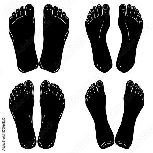 Four pairs of feet displayed in a graphic illustration with toes and soles visible in black and white style