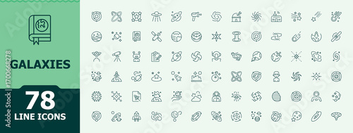 Galaxies line icon set. Containing space, universe, astronomy, telescope, star, moon and more. Science icon set. Trendy minimal icons. Editable stroke.