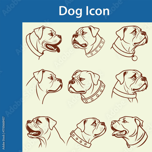 Collection of nine hand drawn dog head icons in sketch style showing different breeds and angles