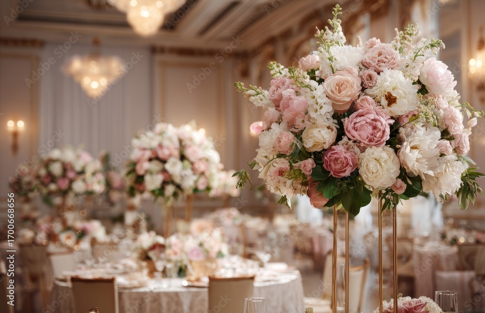 Elegant floral centerpiece adorns a luxurious wedding reception, pink & cream bouquets. Elegant floral centerpiece adorns a luxurious wedding reception, pink & cream bouquets.