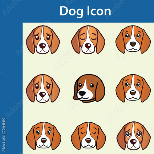 Set of nine cute beagle dog face icons with different expressions and emotions displayed in a grid