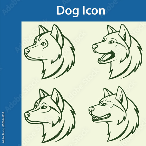 Set of four hand drawn husky dog head icons in a sketch style with different expressions and poses