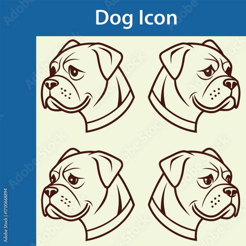 Four stylized boxer dog heads in profile and three quarter view line art illustration