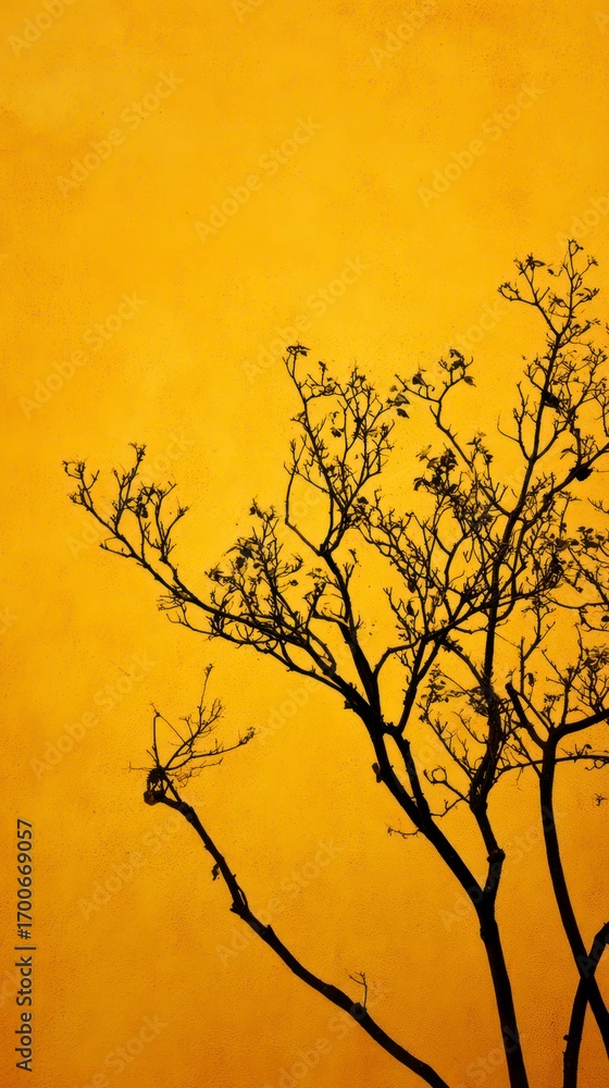 Obraz premium Silhouette of tree branches swaying, cast against a flat yellow wall, poetic surreal contrast, art concept