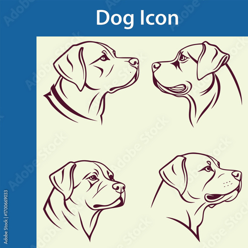 Four hand drawn line art illustrations of dog heads in profile view showing different breeds and expressions