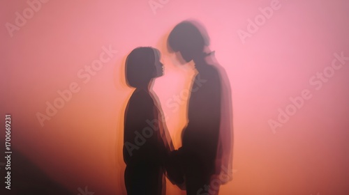 Silhouette of two people standing close, hands almost touching, projected on a pastel pink wall