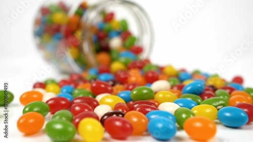 Close-up of a glass jar filled with colorful jelly beans spilling onto a clean white background, sharp focus, bright studio lighting