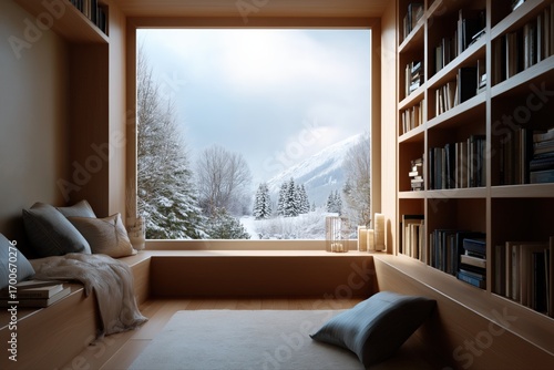 Cozy reading nook with snowy mountain view through large window in modern wooden cabin