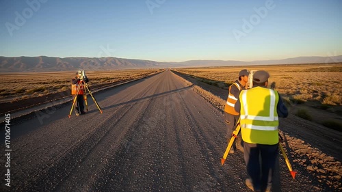 Surveyors in bright vests use equipment to measure a new road under construction in a vast, arid landscape.  Mountains are visible in the distance under a clear, sunset sky