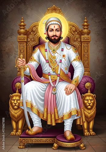 Chhatrapati Shivaji Maharaj, the Great Maratha Emperor, Seated on a Golden Throne