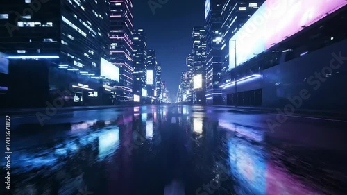 Futuristic neon-lit skyscrapers reflected on wet asphalt street at night, cinematic cyberpunk style, glowing billboards and vibrant light trails