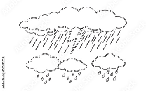 Stormy weather with clouds rain and lightning outline on white background