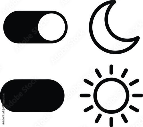 Elegant Dark Mode Toggle Featuring a Crescent Moon and Radiant Sun Symbology for User Interface Design and Accessibility Settings Interface elements
