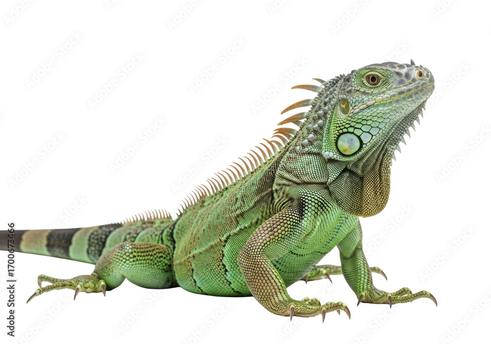 Fototapeta premium Vibrant emerald green iguana in alert posture with mottled scales on a transparent background with copy space, diffused lighting. Concept of natural camouflage